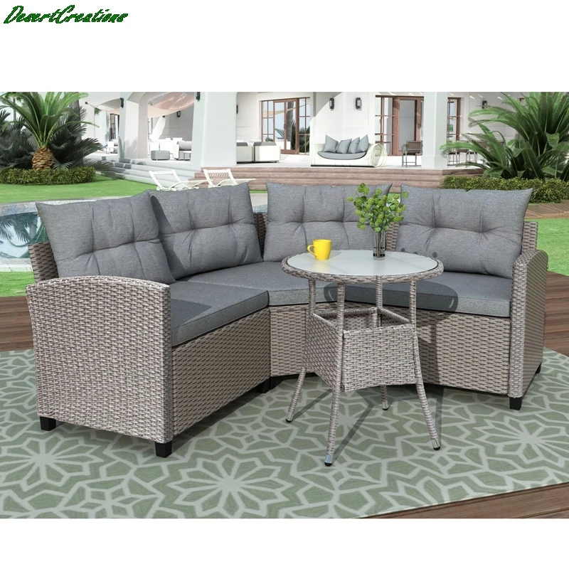 

Набор плетеной мебели из смолы для патио из 4 предметов с круглым столом, серые подушки