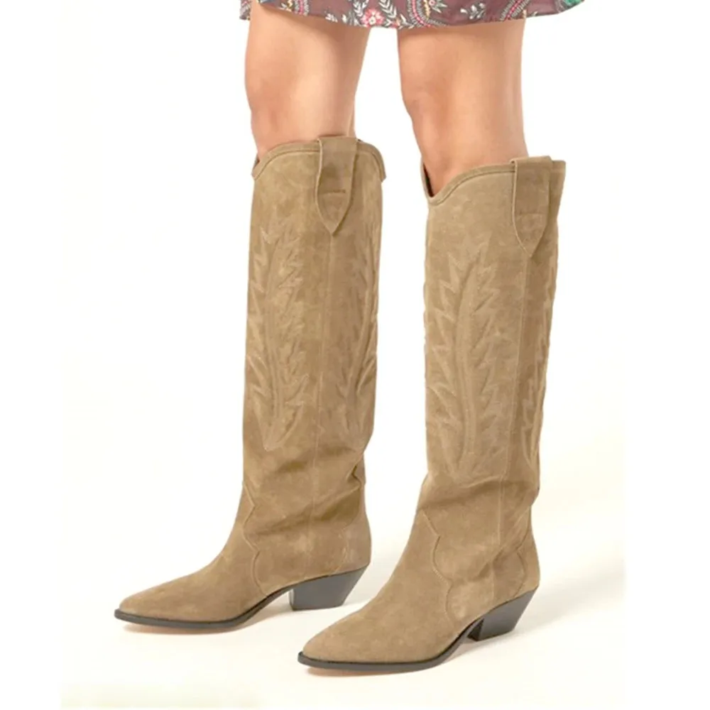 Luxury Brand Western Boots For Women Suede Embroidered Knee High Boots Pointed Toe Spike Kitten Heels Shoes Women's High Boots