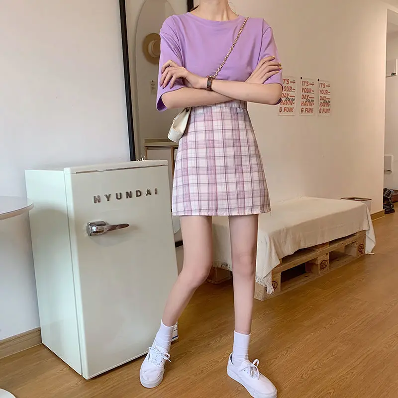 

Gentle Wind Purple Plaid Skirt Female 2021 Summer Girl High Waist Thin A-line Skirt Wrapped Hips Small Short Skirt