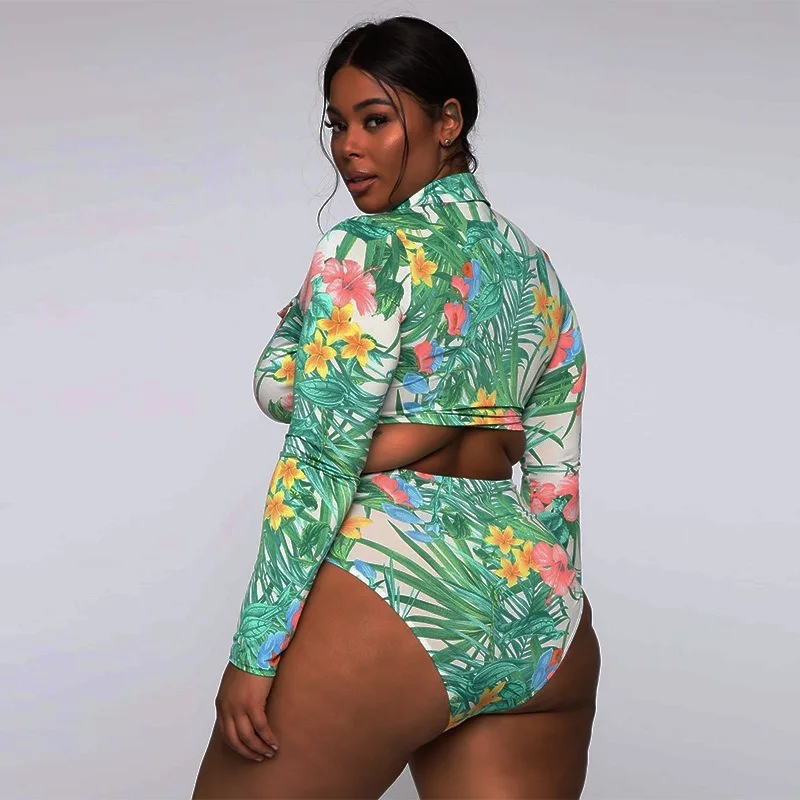 S-5XL Plus Size Swimsuit Two Piece Swimwear Women Leaf Print Monokini High Waist Bathing Suit 2021 Summer Long Sleeve Beachwear