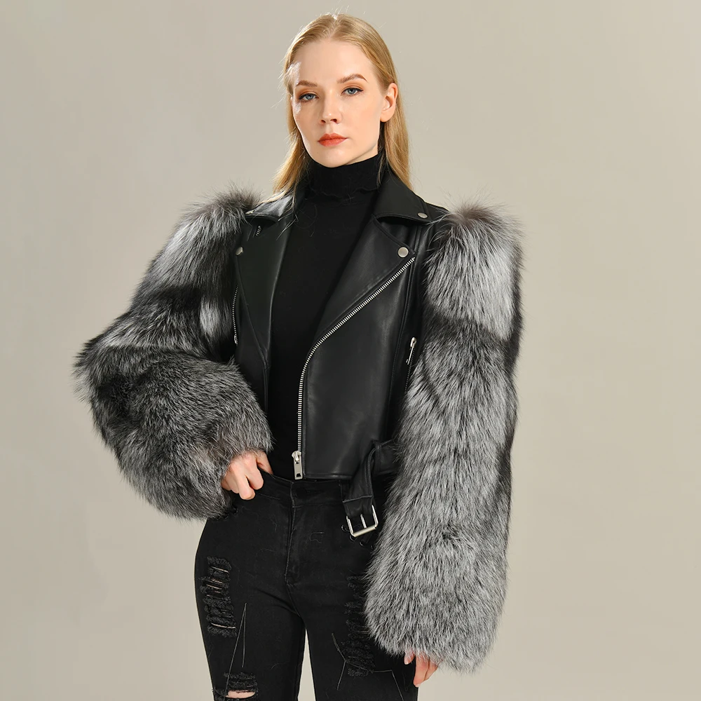 

Куртка женская из натуральной овечьей кожи, Роскошный жакет из серебристой лисы рукава с мехом, пальто из натурального меха, осень-весна