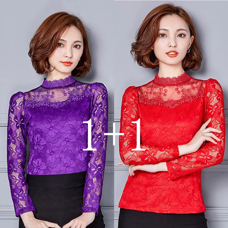 Femininas Blusas, женские блузки, весна-осень, модные сексуальные облегающие Рубашки, Топы, кружевные, с длинным рукавом, с круглым вырезом, для отдыха, черные/белые S-5XL - Цвет: Purple-Red