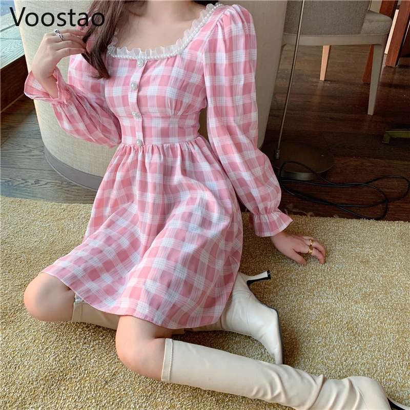 

Japanese Gothic Lolita Dress Women Chic Lace Patchwork Square Collar Button Mini Dresses Girl Cute Puff Sleeve Punk Party Dress