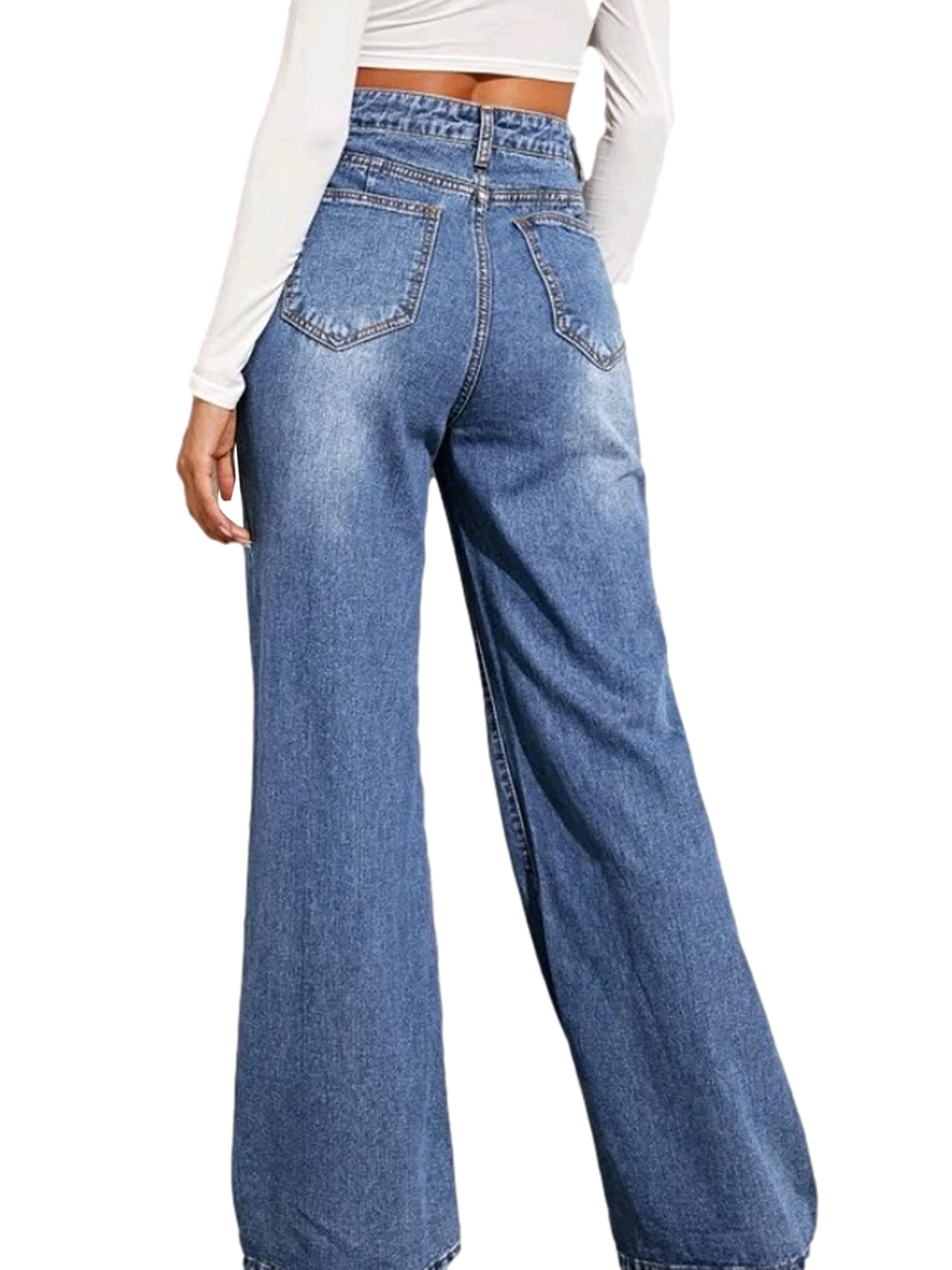 

Women's Jeans Loose Solid Color Long Denim Pants Zipper Crotch High Waist Boyfriend Style Trousers for Female