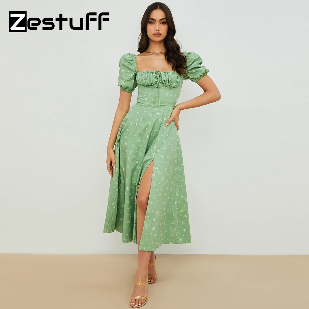 

Zestuff Female Floral Printed Dresses Puff Sleeve Sweet Prairie Chic Summer Clothes For Women Elegant Beach Rave Midi Dress