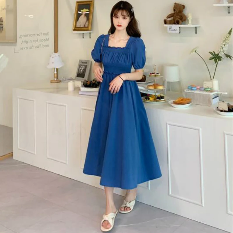 

Short Sleeve Dress Square Collar Mid-Calf Elegant Loose Womens A-Line