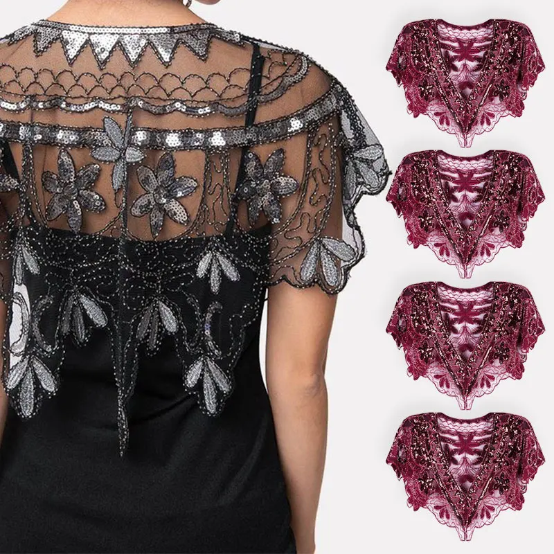 Maroon shawl Gatsby вечерние накидка, расшитая бисером винтажные 1920s шаль Короткая Свадебная обертка арт-деко Блестки из бисера вечерняя накидка Болеро флаппер накидка летняя накидка - Цвет: Maroon shawl