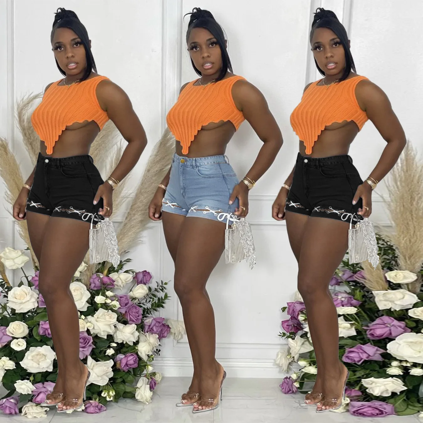 

European and American plus size women's fashion personality, versatile commuting, slim-fit denim shorts with straps