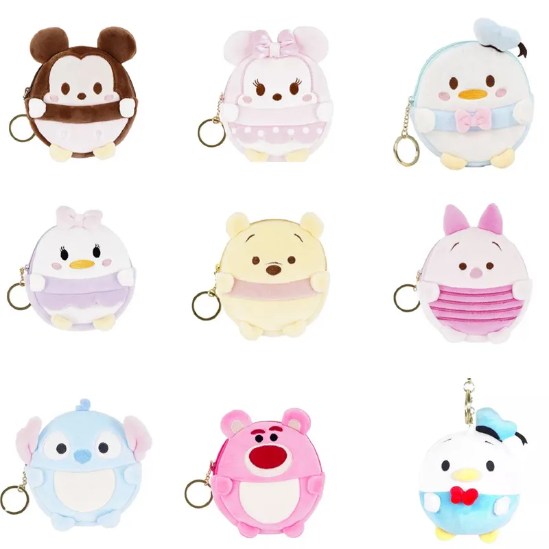 

Genuine 13 Style Disney Mickey Minnie Mouse Stitch Winnie the Pooh Plush Dolls Round Wallet Pendant Toys For Boys Girl Gift