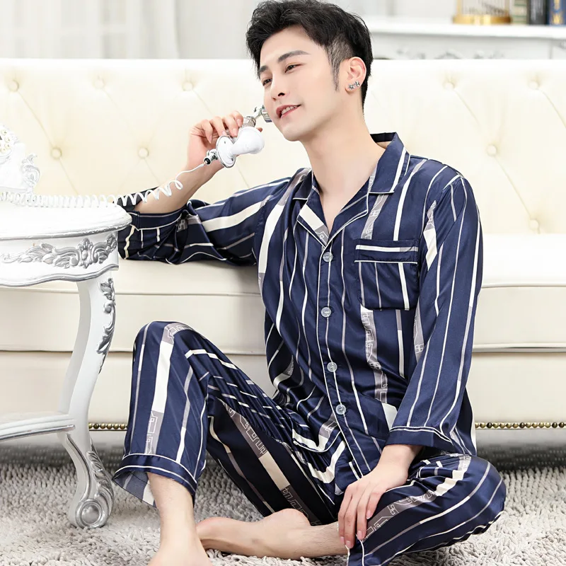Pajamas Set Mens Stain Silk Pajama For Men Soft Cozy Sleepwear Pyjamas Set Nightgown Tops Trousers Sleeping Male Home Clothing