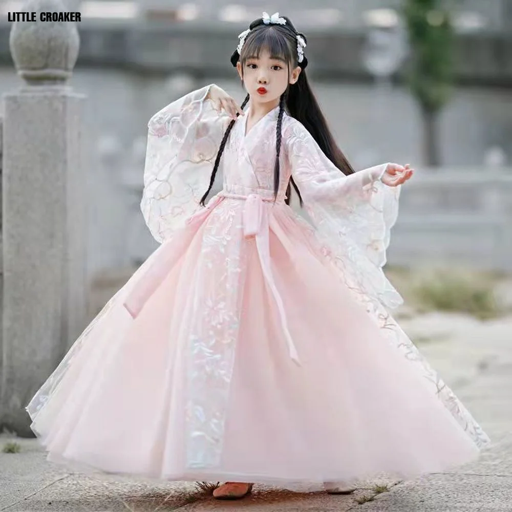 

Pink Lace Sleeve Summer Children Hanfu Vintage Kids Girls Dress Chinese Traditional Folk Dance Costume Ancient Outfit Cosplay