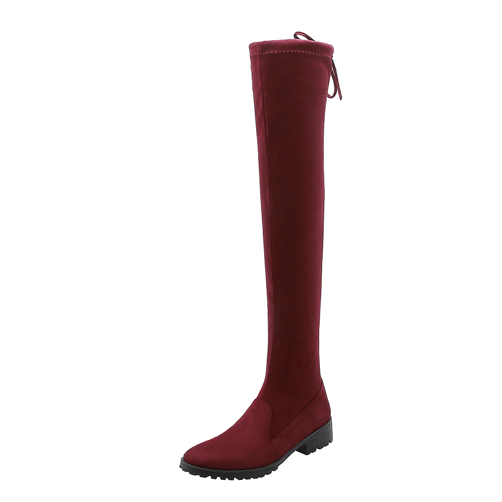 Wine red single Г. Женские узкие Сапоги выше колена на низком каблуке замшевые черные модные пикантные зимние сапоги до бедра с круглым носком женская обувь 32-43 - Цвет: Wine red single