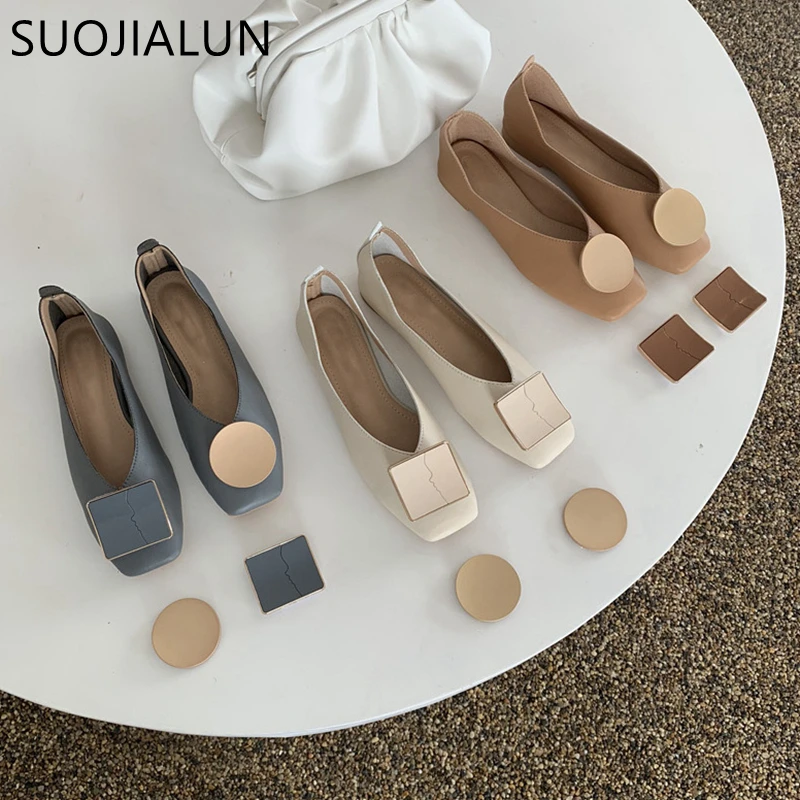 

SUOJIALUN Women Flats Shoes Ballet Square Toe Slip On Flat Heel Shoes Ladies Shallow Buckle Brand Flat Loafers Shoes Zapatos Muj