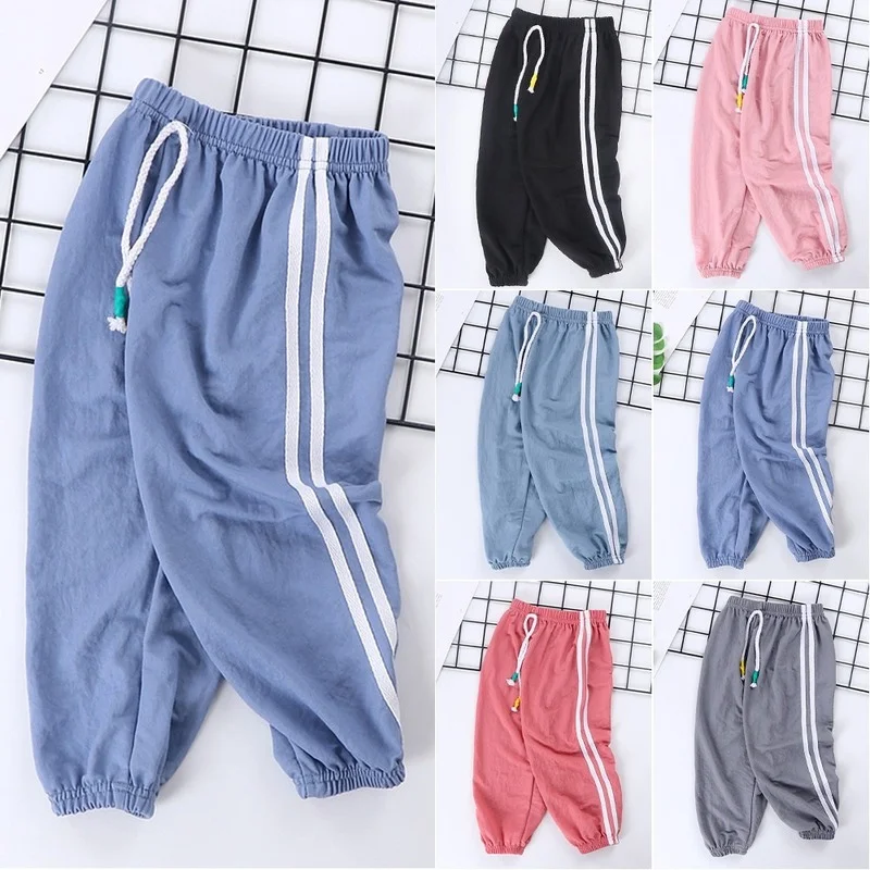 

Kids High Waist Summer Pants Boys Girls Stripped Basic Solid Color COTTON Trousers Babys Baggy Casual Pant