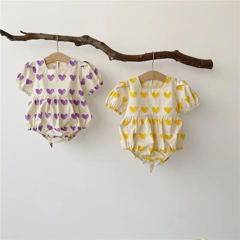 

7plus1 summer girls heart shaped printing fashion square collar jumpsuits cotton cute sweet romper kids bodysuit 15 16 17 month