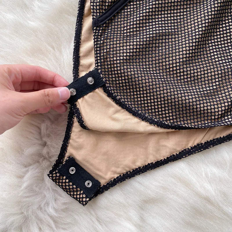 

Ins Fashion Women Bodysuits Sexy V-neck Spaghetti Strap Backless Overalls 2021 Summer Fashion Mesh Skinny Body Top Rompers