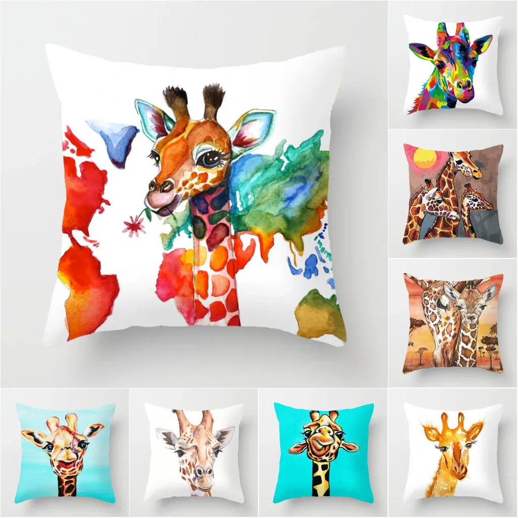 Cute Giraffe Cushion Cover 45x45 Polyester Pillowcase Decorative Sofa Cushions Pillowcover Home Decor Pillow Cases KK01