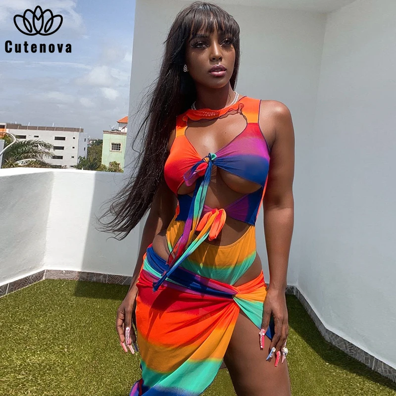 

Cutenova Traf Hollow Out Bodysuit Rainbow Striped Printed Mini Skirt 2 Two Piece Jumpsuits & Rompers Slim Club High Streetwear