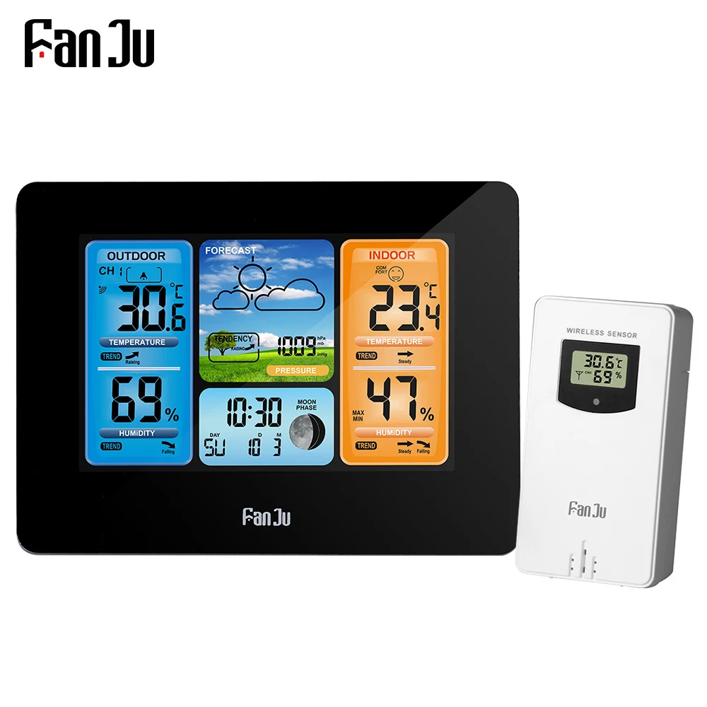 FanJu-reloj Digital con alarma clcok, barómetro de temperatura y humedad, tabla de pronóstico, estación meteorológica de pared, herramientas de medición inalámbricas