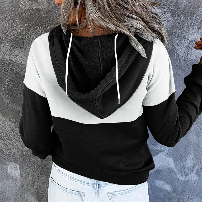

Autumn Winter Women Patchwork Fleece Hooded Sweatshirt Fashion Casual Thicken Drawstring Pocket Hoodies Pullover Top