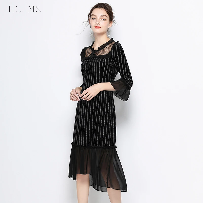 EC. MS женское платье папка кружевной воротник с расклешенными рукавами неровный