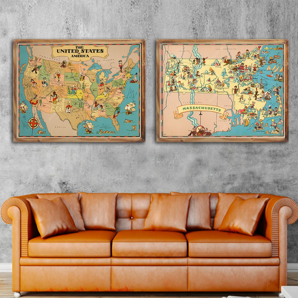 1935 карта Америки карты Массачусетса Монтана винтажные Ретро картины на холсте