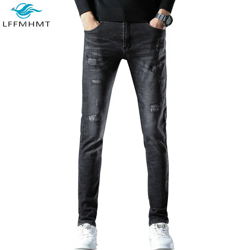 

Winter Fall Men's Jeans Korean Style Slim Fit Hole Vintage Denim Pencil Pants Mid Waist Solid Color Flexible Casual Wild Trouser