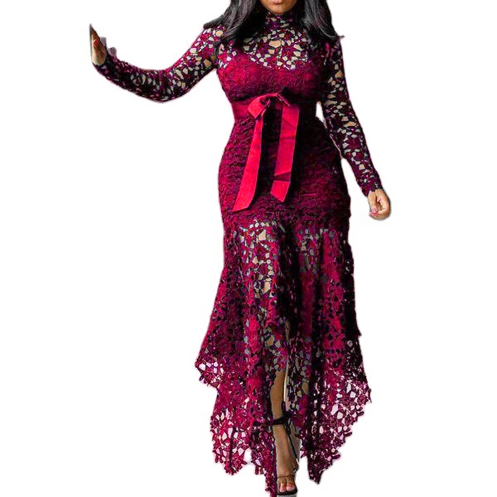 Vestido de encaje asimétrico para mujer, de cuello alto de talla grande Ropa, vestidos de fiesta de noche ahuecados, retales, fajas, verano, 2020