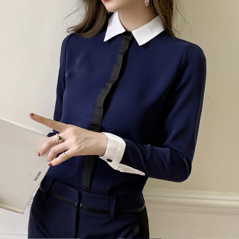 OL модная женская рубашка шифоновая темно-синяя блузка с белым рукавом женские