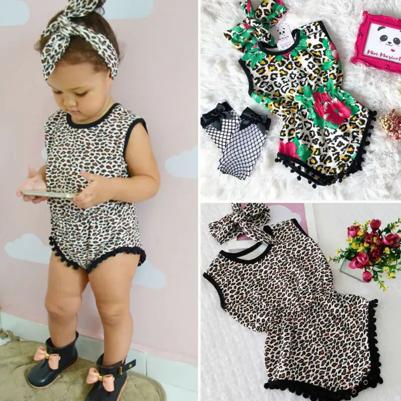 

Newborn Baby Girl Summer Sleeveless Clothes Leopard Bodysuits Outfits Set Toddler Tassel Bodysuit 0-18M