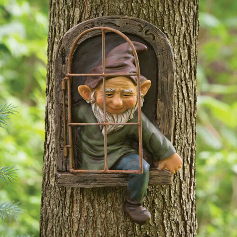 

Gnome Leave The Window Whimsical Tree Sculpture Garden Decoration Mini Garden Gnome indoor Outdoor Ornament LB88