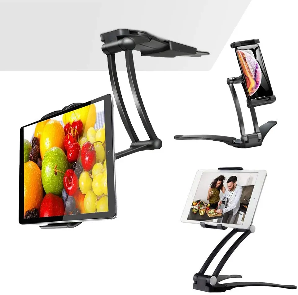 

Aluminum Folding Tablet Stand with 360° Swivel Phone Clamp Mount Holder, Wall Mount/Under Cabinet/Desktop Holder Fits 5-12" Disp