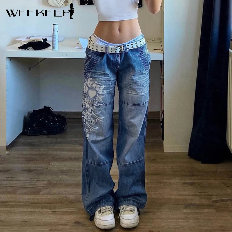 

Weekeep Vintage Floral Print Baggy Jeans Women Low Waist Straight Denim Pants Harajuku Patchwork Trousers Female Y2k Streetwear