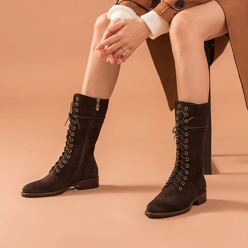 Ботинки BeauToday женские до середины икры Броги из коровьей замши с круглым носком