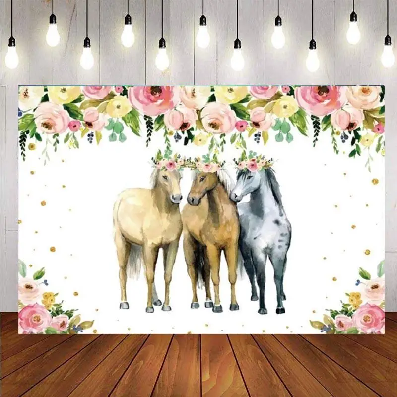 

Фон для фотосъемки с изображением лошади дня рождения для празднования вечеринки с акварелью и цветами на заказ фон для фотосъемки Декор ба...