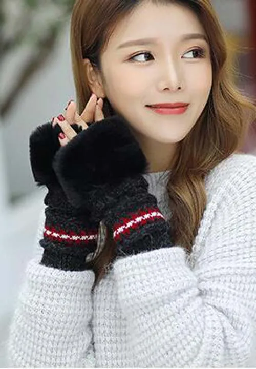 Dark gray gloves Зимняя шапка с кроличьим мехом, перчатки, шарф, наборы, утолщенная плюшевая шерсть, теплая шапка s, женская вязаная шапка, уличная ветрозащитная Ушная Лоскутная широкий берет-Боб - Цвет: Dark gray gloves