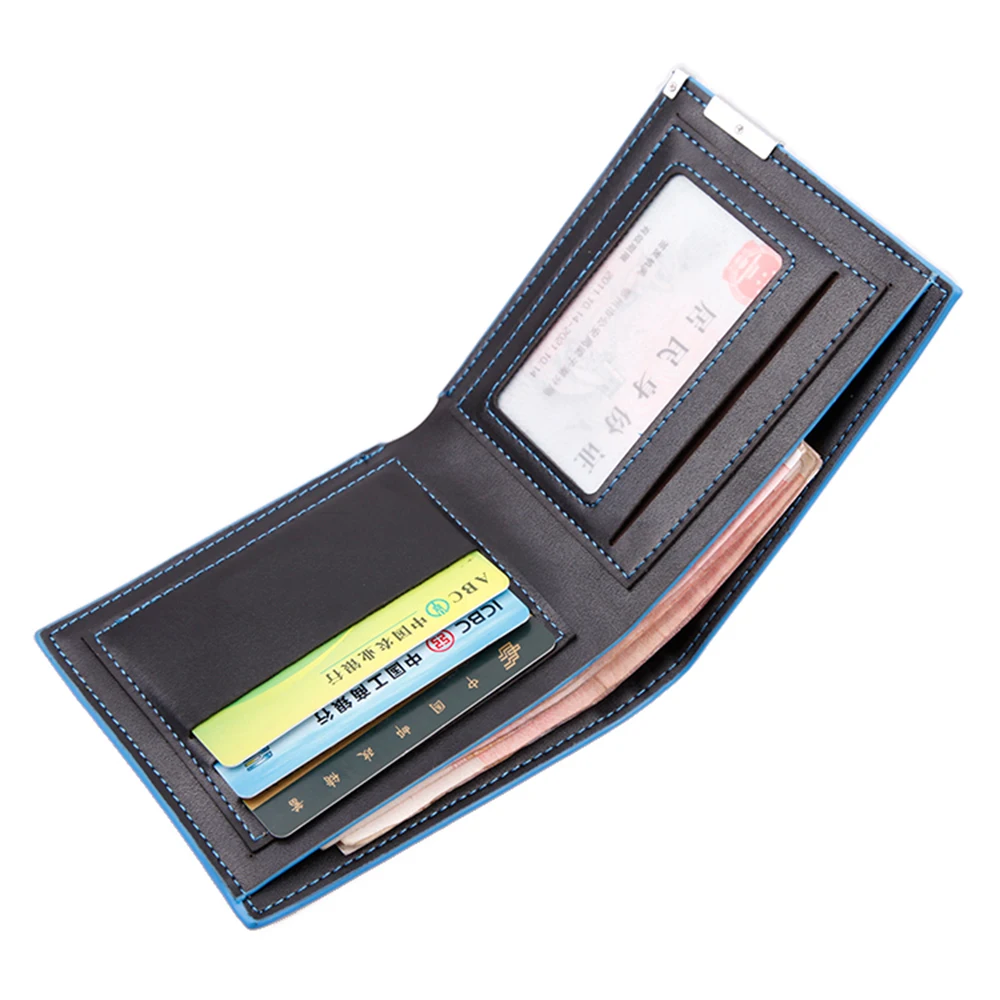 Мужской кошелек CUIKCA водонепроницаемый кожаный тонкий с синими краями и железным