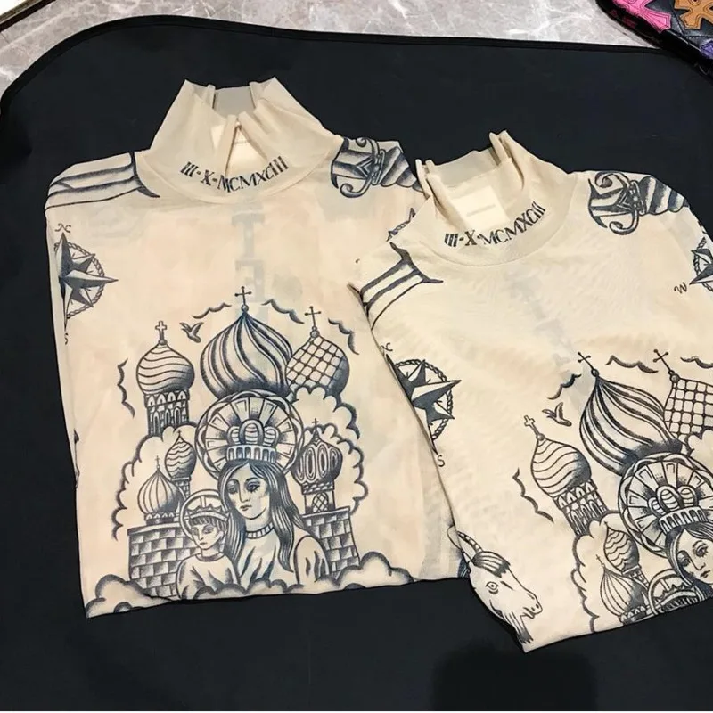 Новинка осени, Модный женский базальный топ с принтом «Goddess Tatoo», длинные рукава, высокие обтягивающие воротнички, телесный цвет, Сетчатая футболка из пряжи F218