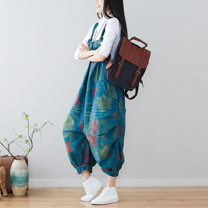 Комбинезон женский джинсовый с широкими штанинами повседневный мешковатый