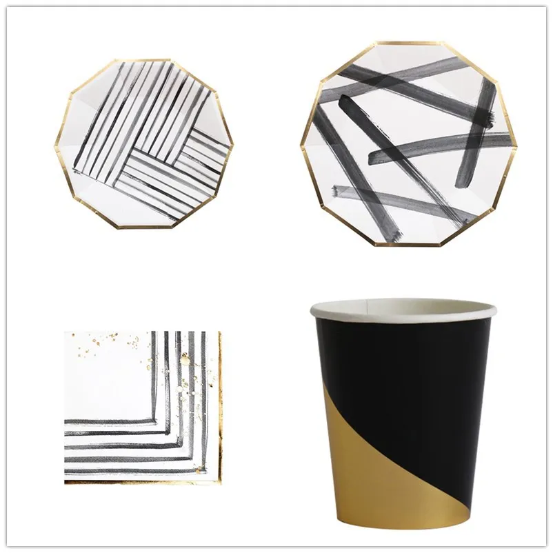 Одноразовая посуда черно белые бумажные тарелки с кисточками