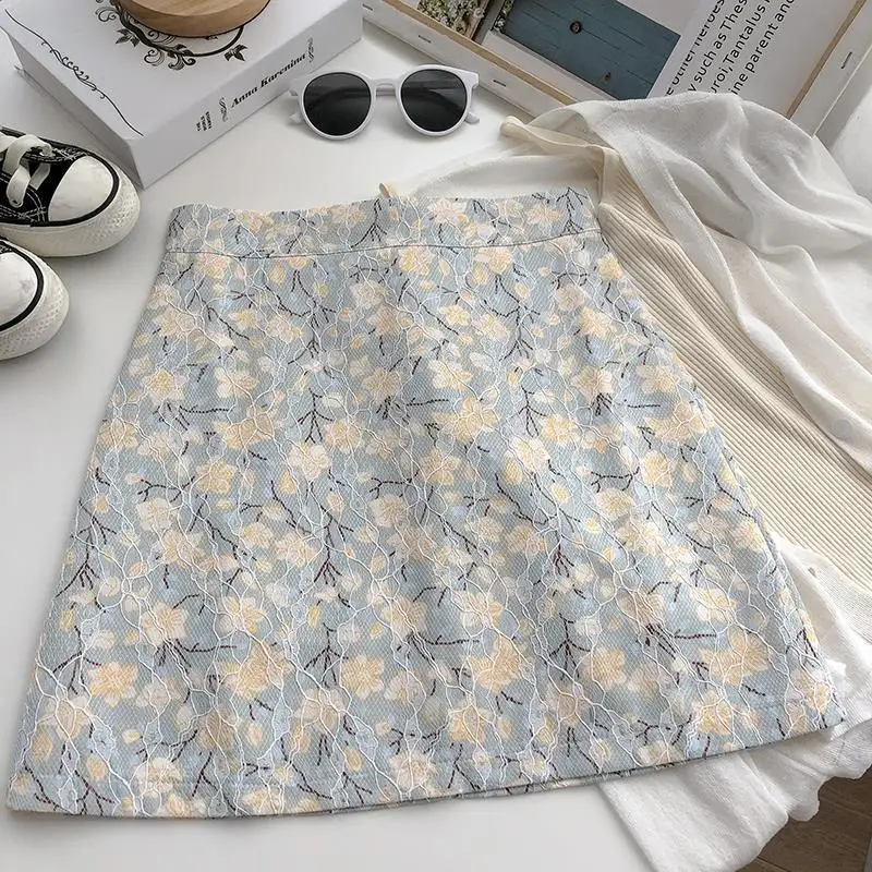 

Temperament Retro Floral High Waist Anti-glare A-line Skirt Female Summer 2021 Wild Thin Hip Skirt