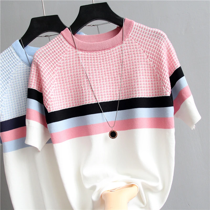 

Plaid T Shirt Women Striped Tshirt Knitted Cotton 2020 Korean T-Shirt Woman Clothes Tee Shirt Femme Camisetas Mujer