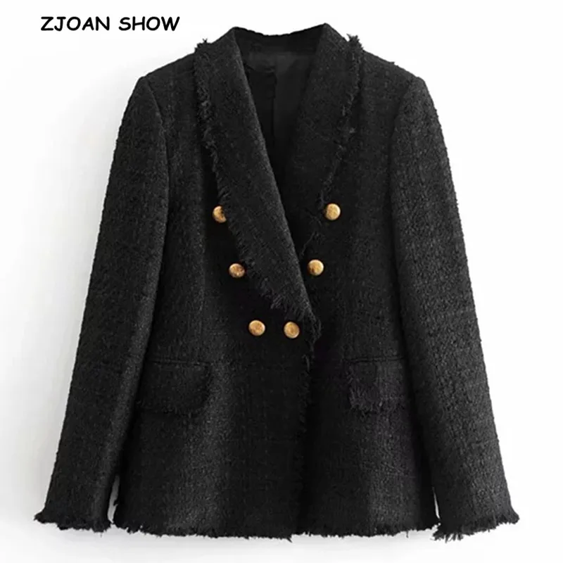 2019 винтажный черный блейзер в клетку из саржи Женский мягкий шерстяной костюм с