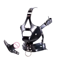 sm fetish bondage head harness muzzle dildo gag male slave role play toy leather restraint penis insert sex products