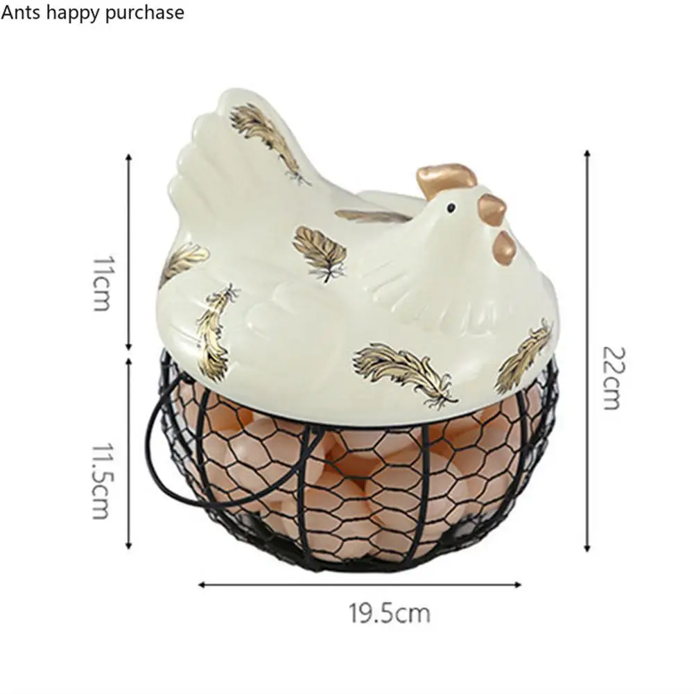 

Metal Egg Storage Basket With Ceramic Hen Lid Fruit Snacks Organizer With Handle Non-slip Food Holder Home Kitchen Decoration