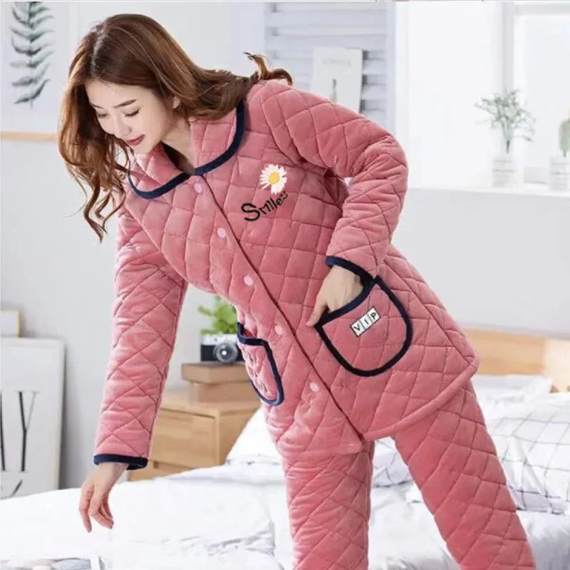 Pajamas Women 2021 Winter Three-Layer Thick Coral Fleece Quilted Jacket Korean Style Cute Warm Velvet Ladies Home Service Suit