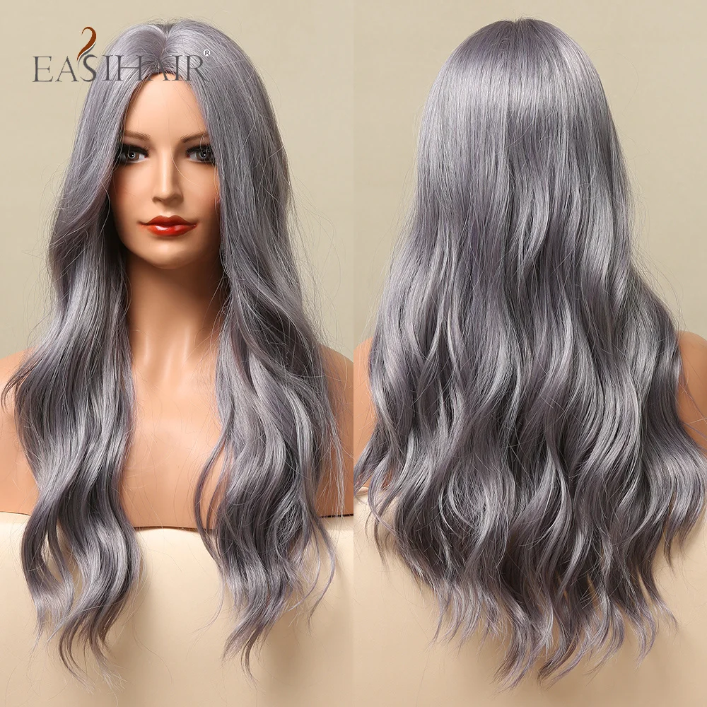 

EASIHAIR Mixed Ash Blue Light Purple Long Synthetic Wave Cosplay Wig for Women Heat Resistant Colorful Fiber Party Daily Wedding