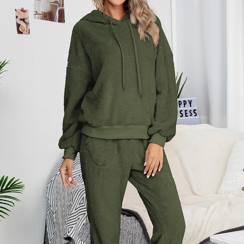 

2021 Winter Double-Sided Fleece Home Wear Woman Casual Warm Sleepwear Clothes Two Piece Set Solid Color Hooded Sweater and Pants