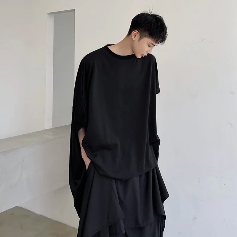 Men summer irregular asymmetry niche design large size loose round collar personality T-shirt stylish dark INS shirt