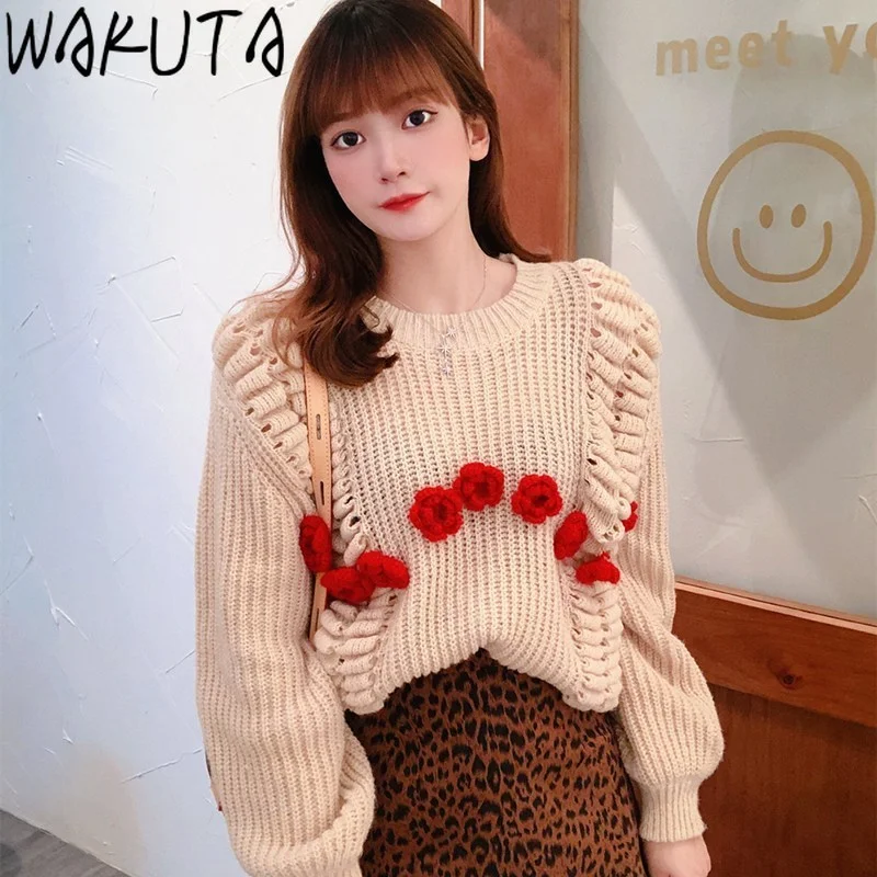 WAKUTA Floral Sweater 2021 New Japanese Fashion Elegant Sweet Design Knit Pullover Autumn Winter Girls Gentle Loose Jumper Daily | Женская